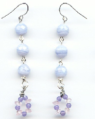 Rose Quartz, Chalcedony & Faceted Bluelace Agate Earrings