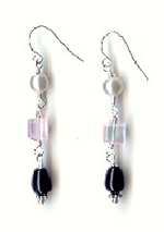 Chinese Glass Pearls, Crystal Cubes, Black Onyx and Sterling Bead Earrings