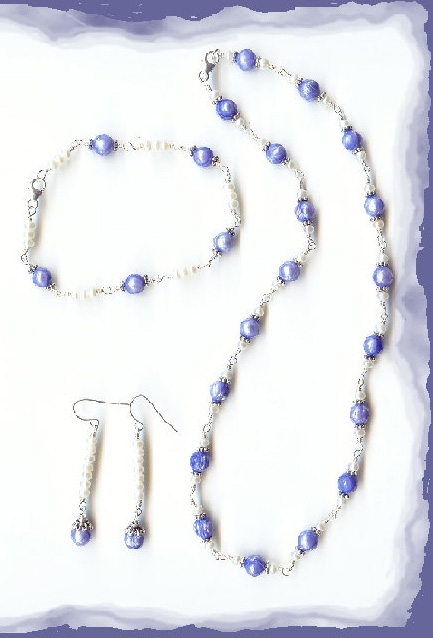 Faceted Periwinkle Blue & White Button Freshwater Pearl Set